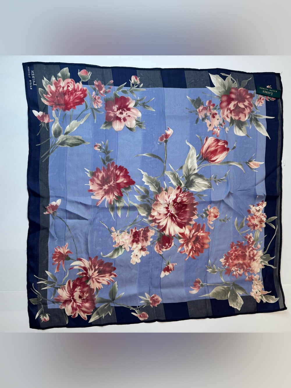 Ralph Lauren Silk Floral Scarf Blue Navy Square Vintage Style - Picture 2 of 7